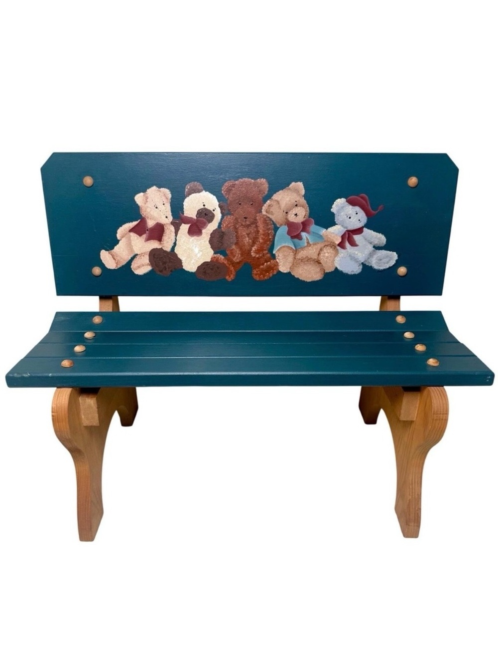 Wooden Kids Bench Hand Painted Teddy Bear Small Wood Child Bench Chair Vintage